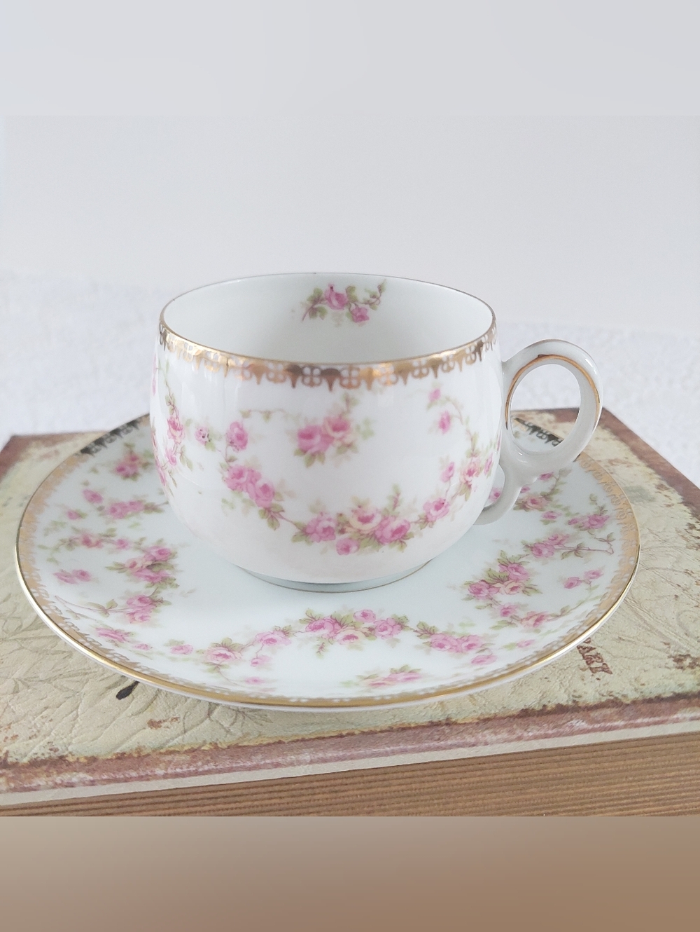 MZ Austria Bridal Rose Tea Cup and Saucer Vintage Porcelain Pink Rose Gold Gilt